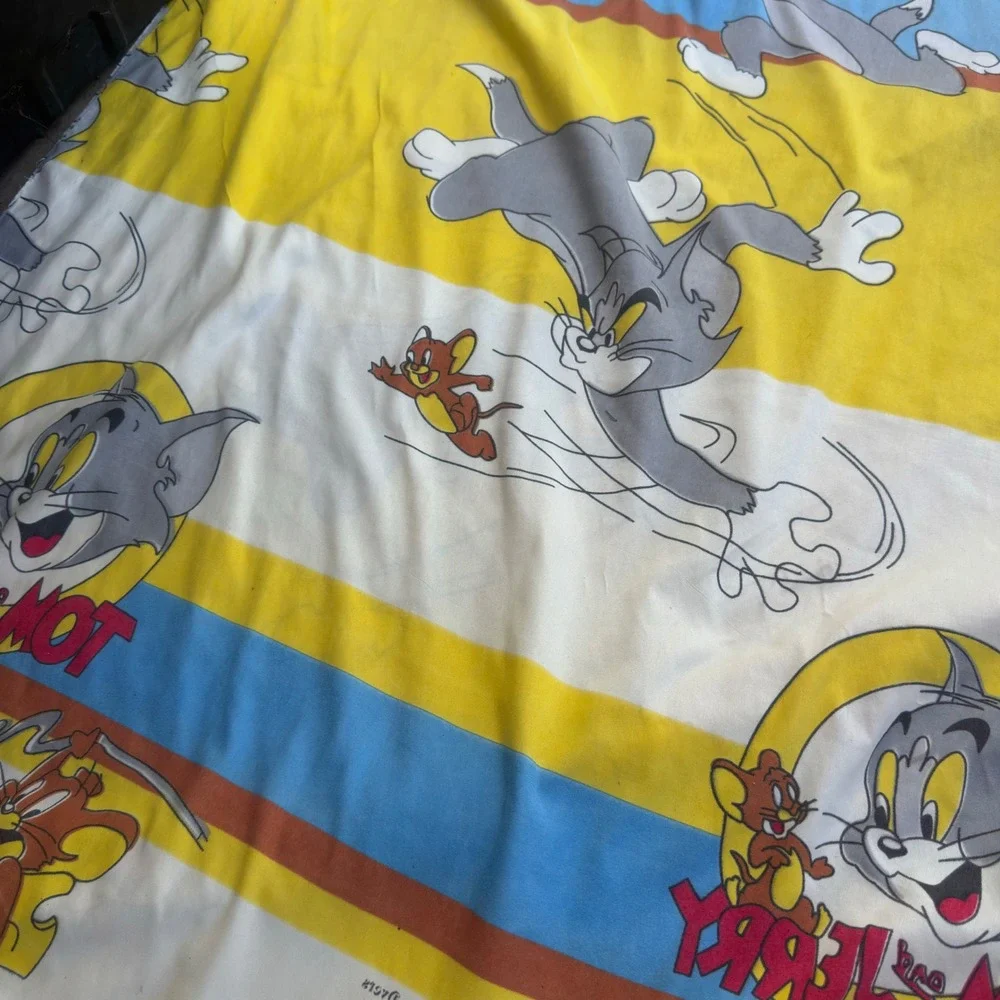 Vintage 90s Abram Dyers Tom and Jerry 2 Sheets Flat + Pillowcase Set Blue g5a